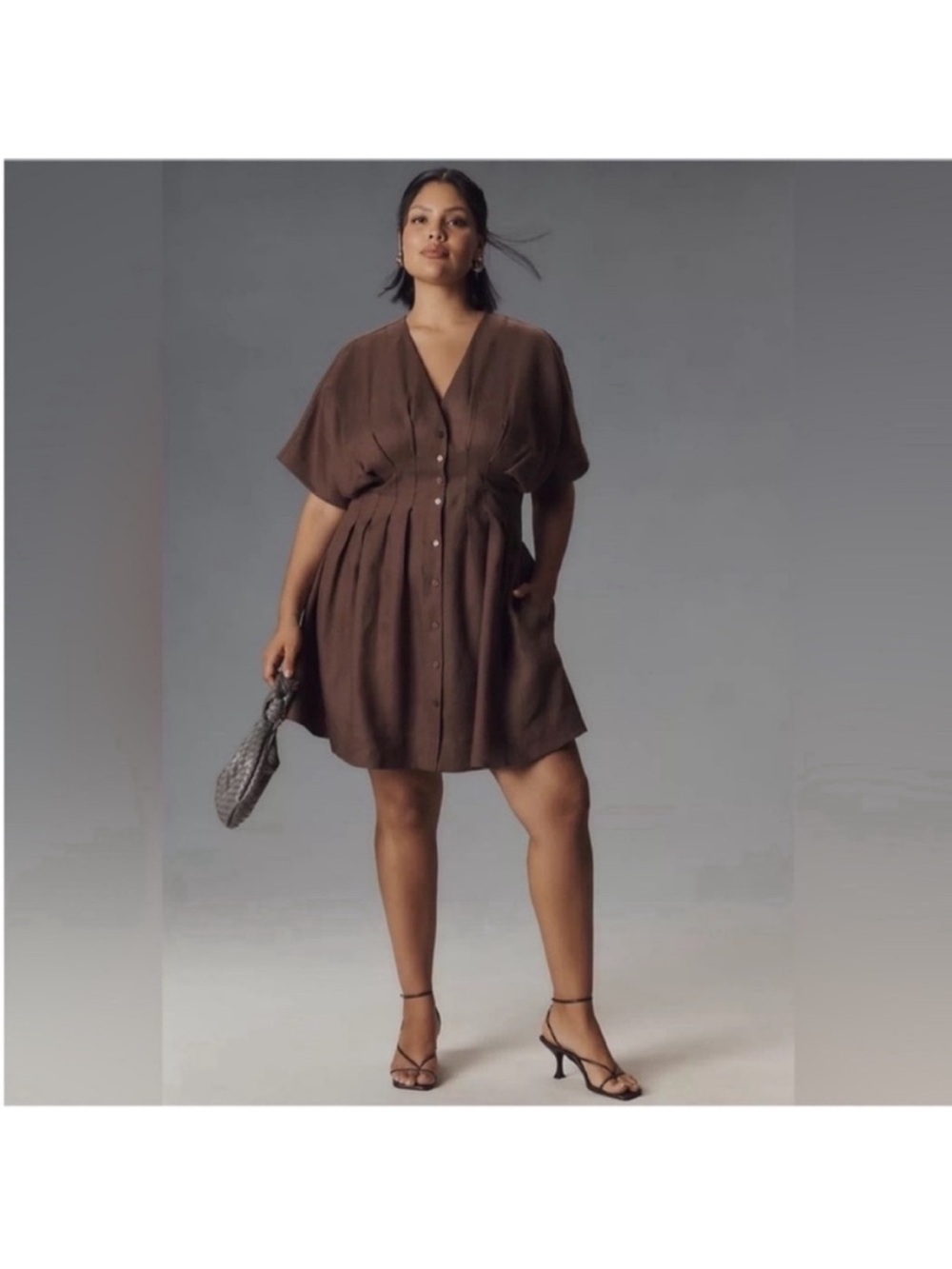 Anthropologie Exquise Brown linen Button-Front Waist-Defined Mini Dress - Picture 4 of 7